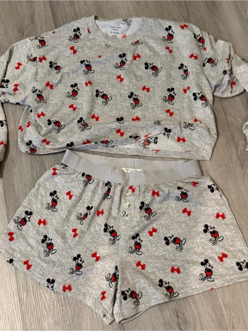American Eagle Outfitters Gray Mickey Mouse Pajama Set with Red Accents